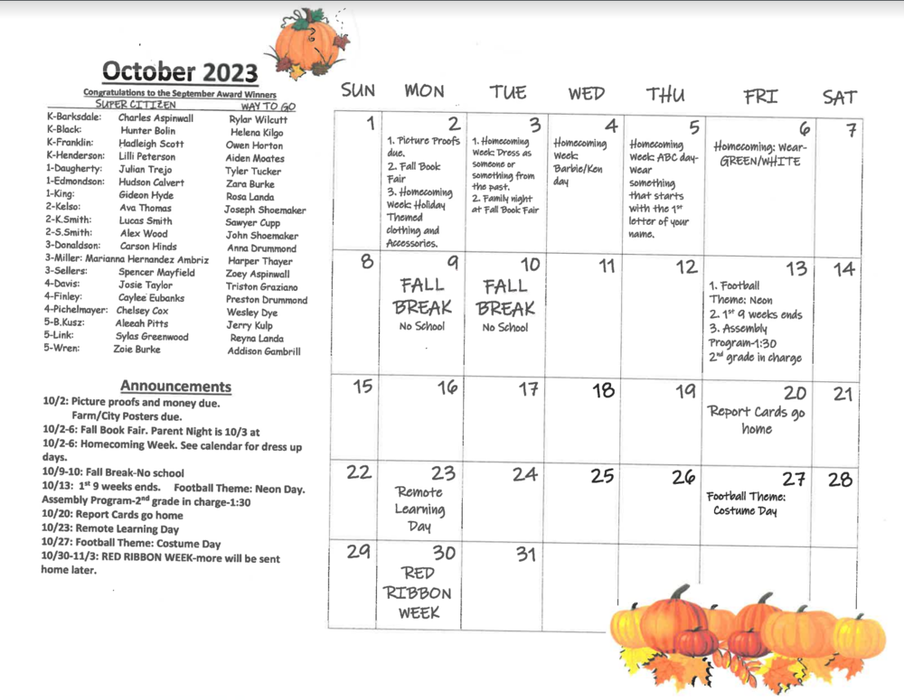 October Activity Calendar