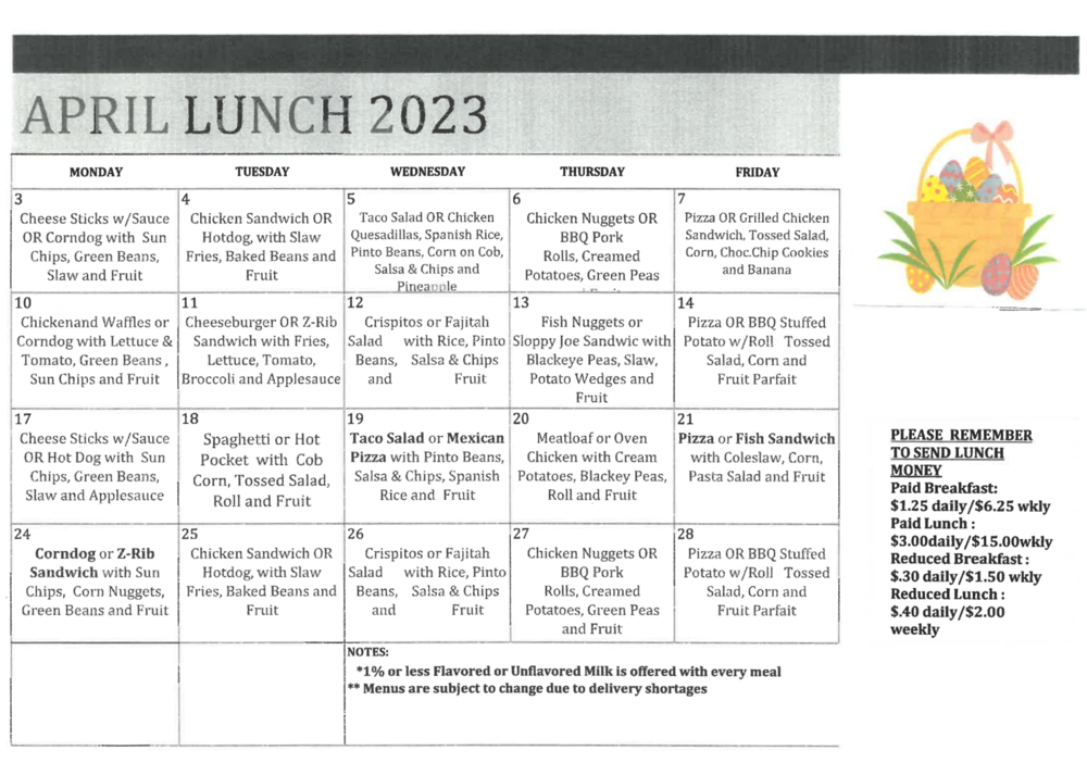 Lunch Menu April 2023