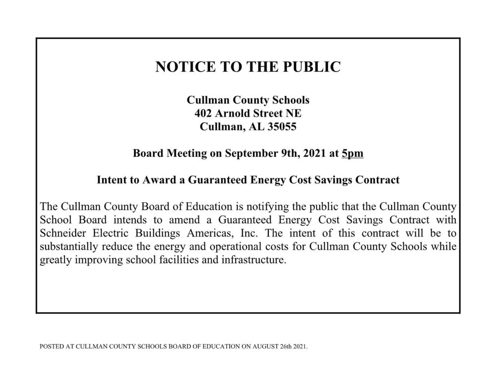 Public Notice: Intent to Award a Guaranteed Energy Cost Savings Contract