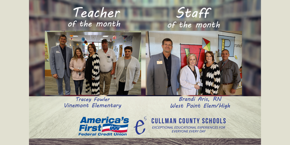 Teacher of the Month Tracey Fowler, Staff of the Month Brandi Aris