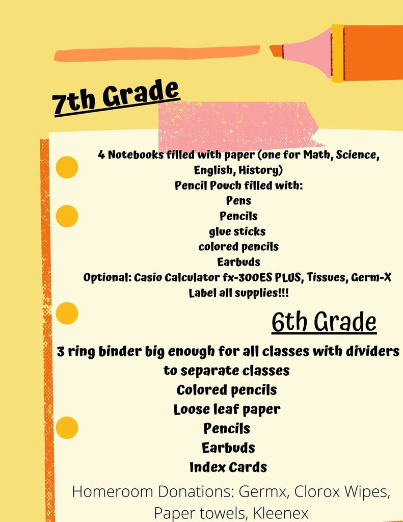 7th and 6th Grade Supply Lists 2021-2022