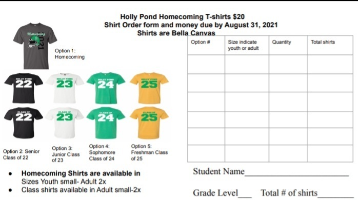 Order form for Homecoming Tshirt and High School Class shirts