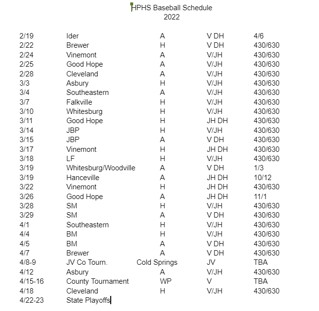 HPHS Baseball schedule