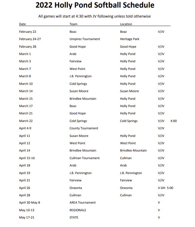 Holly Pond Softball Schedule