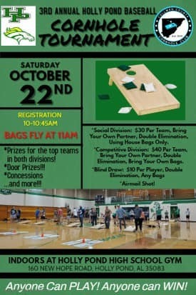 Cornhole Tournament flyer. Saturday October 22nd 