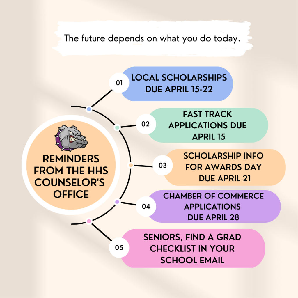 There are several scholarship and application deadlines approaching.   HHS Seniors can check their school emails for a link to scholarship information and a graduation checklist or can go to https://bit.ly/bulldogscholarships23. 