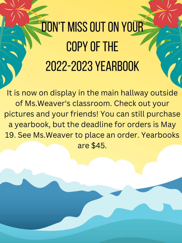 HHS Enhancer yearbooks are on sale through May 19 for $45.  Students can preview yearbook pages before they are printed.  Pages are posted outside Ms. Weaver's classroom.